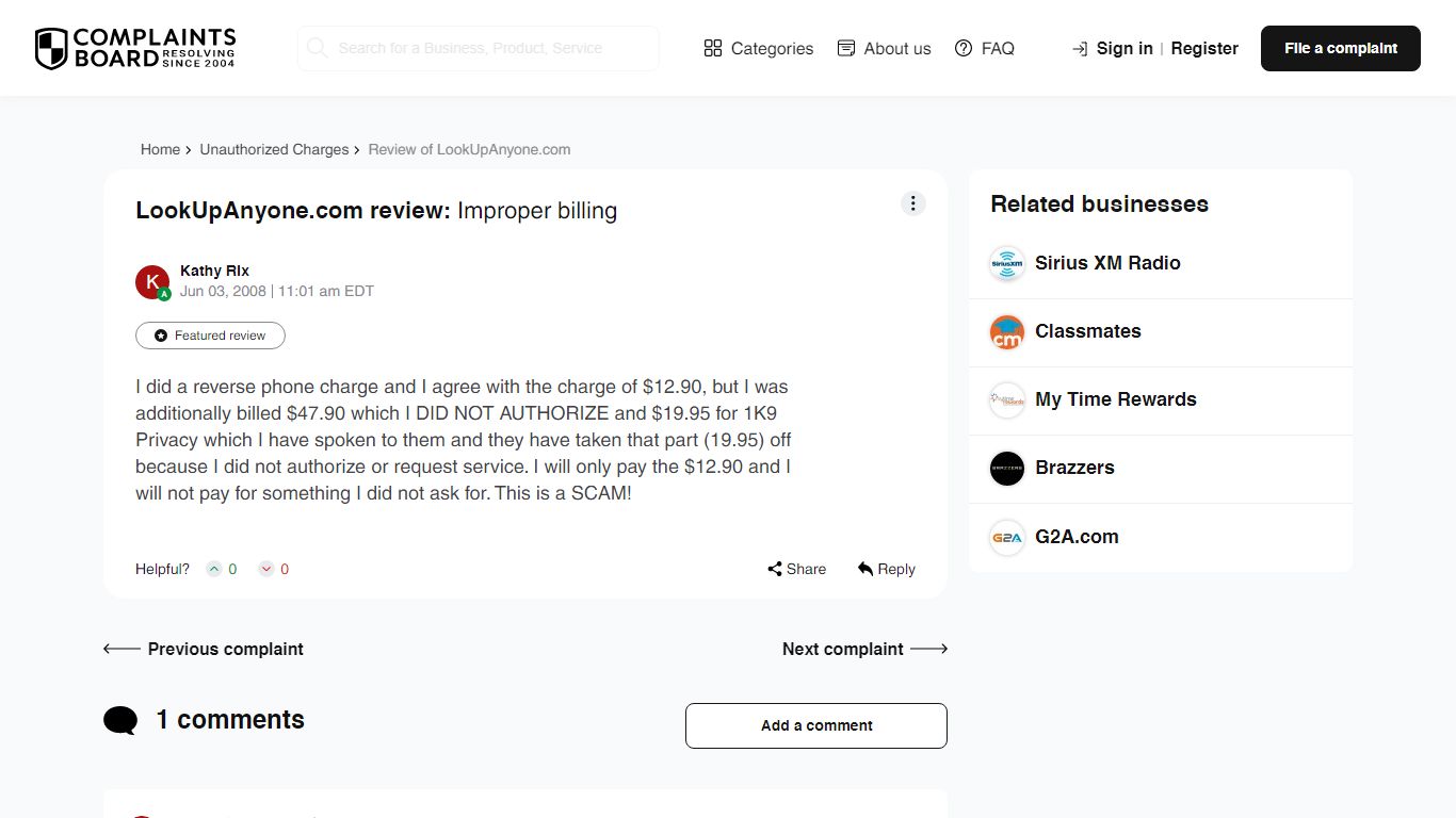 LookUpAnyone.com review: Improper billing - Complaints Board